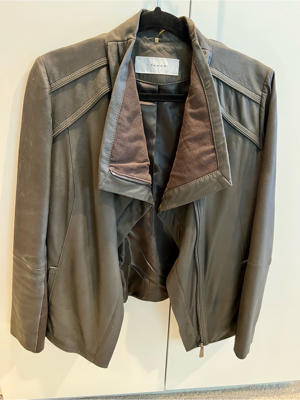 T Tahari Olive Green Leather Open-Front Jacket
